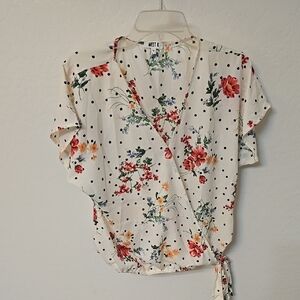 Floral Wrap Blouse with Polka Dots